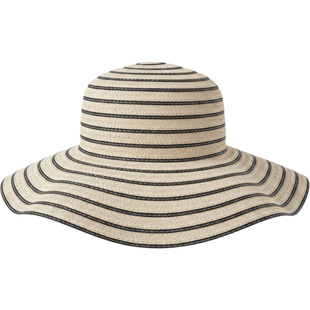 Old Navy Sun Hat Women L/XL Cream Dark Navy Blue Floppy Wide Brim Straw Stripe